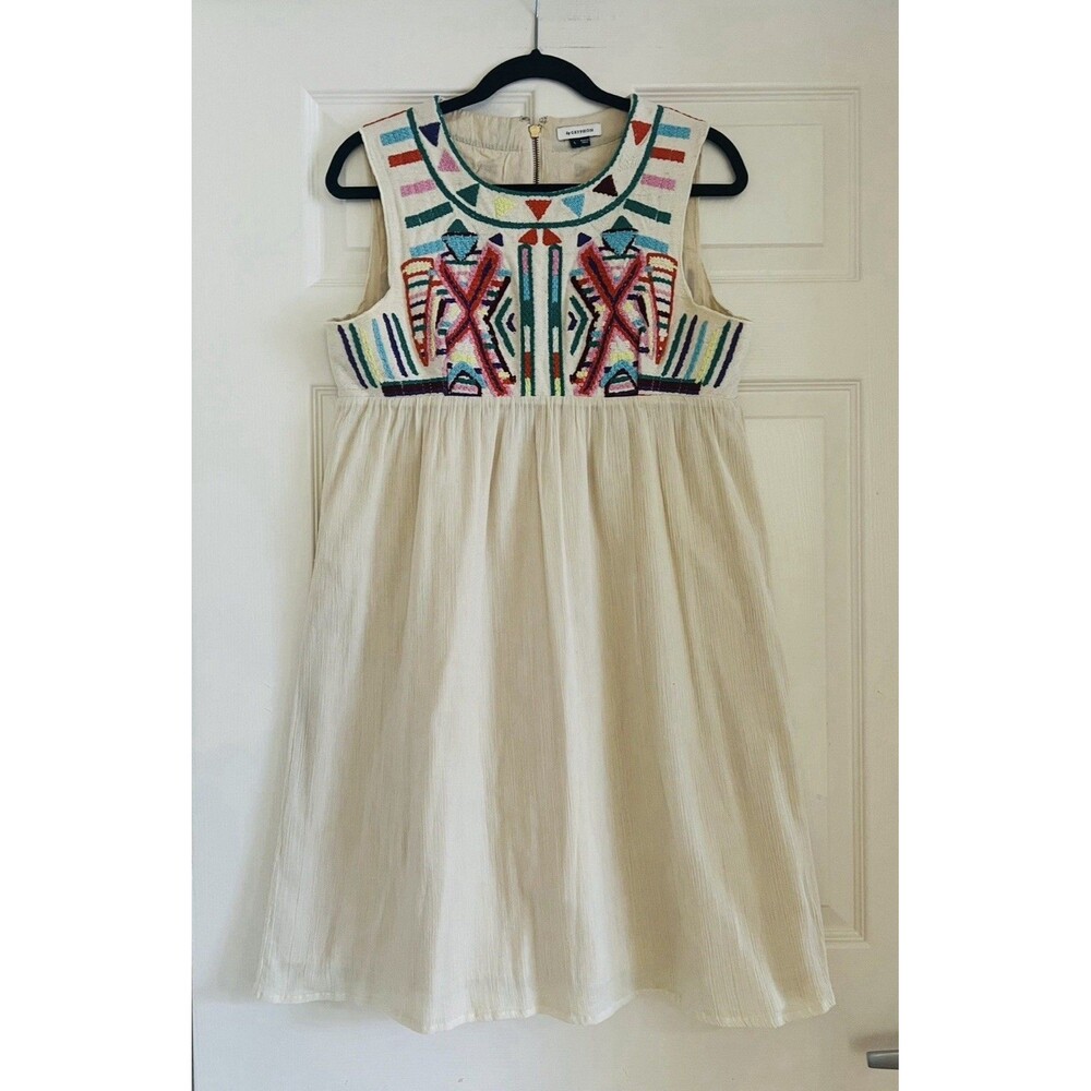 by Gryphon Cream Embroidered Babydoll Mini Dress Womens Size L Boho Festival